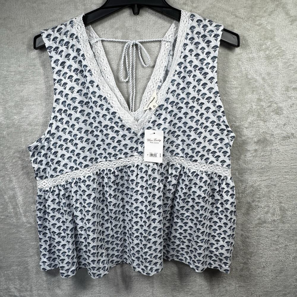 Lucky Brand NEW Womens Sleeveless Top XL Blue Floral V-Neck Pullover Back Tie